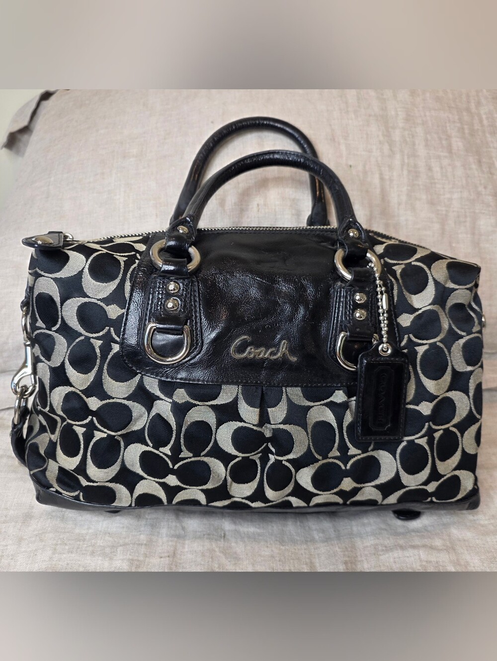 Coach Ashley Signature Satchel Bag In Taupe And Black